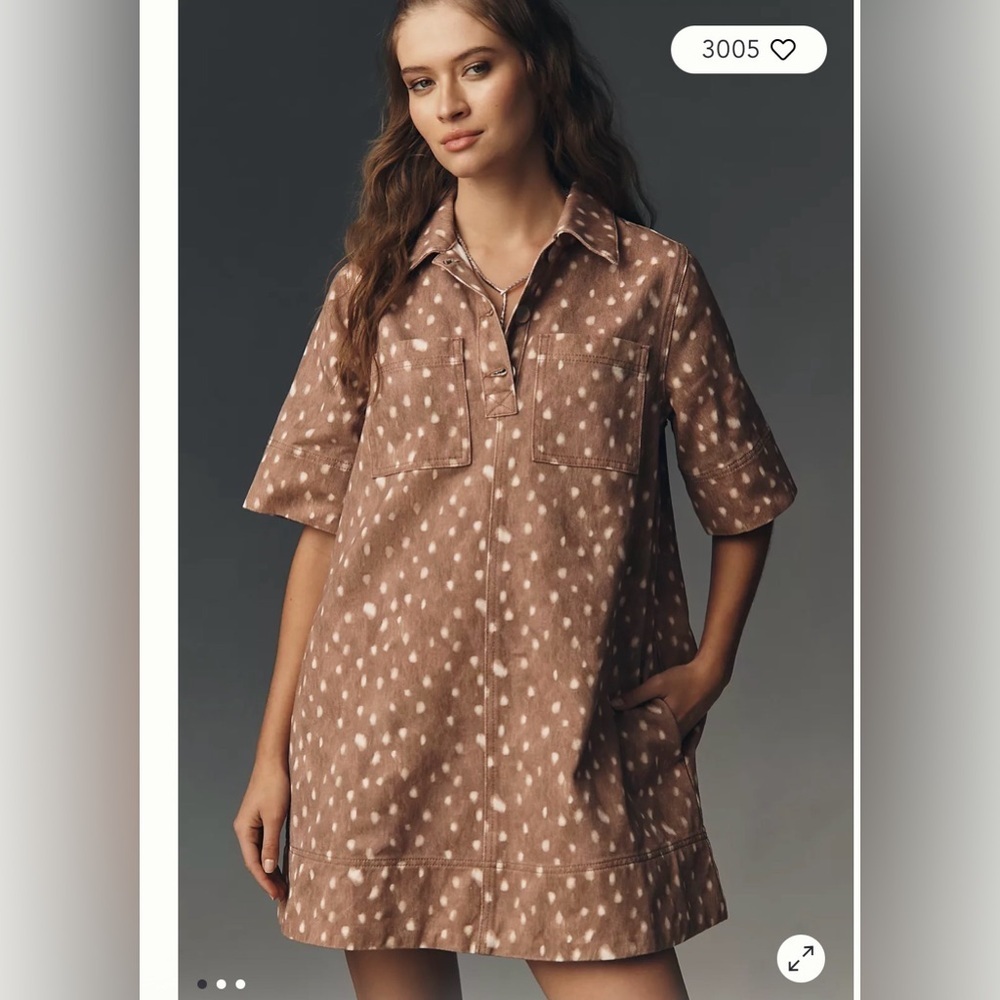 Anthropologie The Jeannie Short-Sleeve Denim A-Line Mini Dress Deer Print 8 NWT